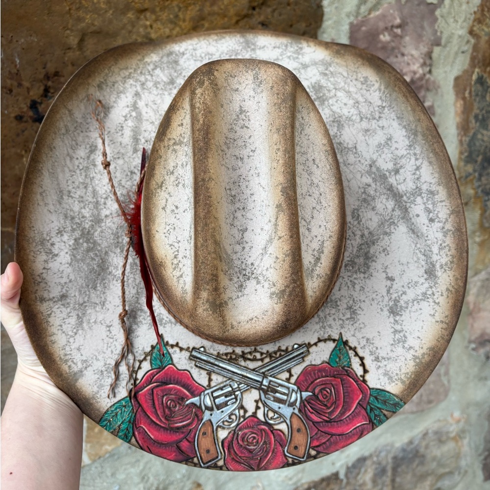 New “Roses” Cody James Hand burned & Painted Hat Sz 7 1/4